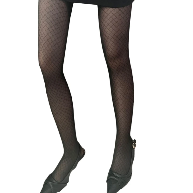 Vintage See Through Jacquard Pantyhose Stockings Soft Sheer Black Silk Tights with Rhombus Plaids Patterned for Women