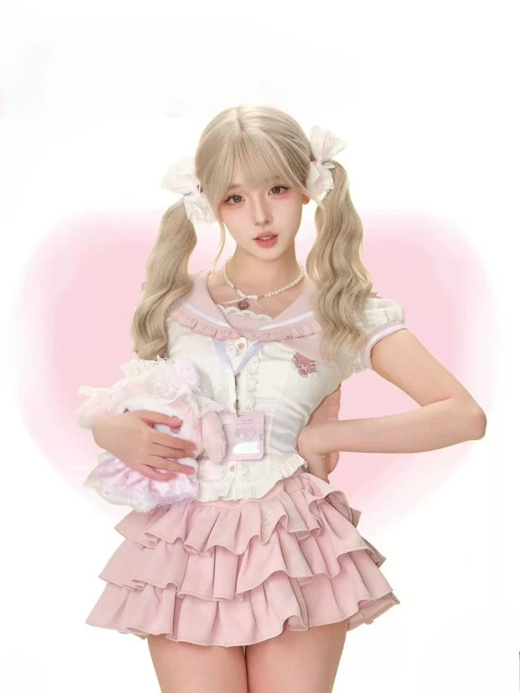 الصيف اليابانية الحلو Kawaii قطعتين مجموعة المرأة الدانتيل تقليم تكدرت الأعلى + Y2k تنورة صغيرة الشباب سليم صالح موضة الزي جديد