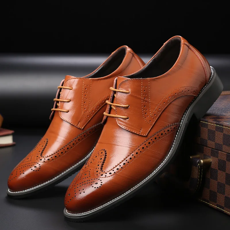 Men\'s Classic Retro Genuine Leather Brogue Shoes Mens Lace-Up Dress Business Office Flats Men Wedding Party Oxfords EU SIZE38-48