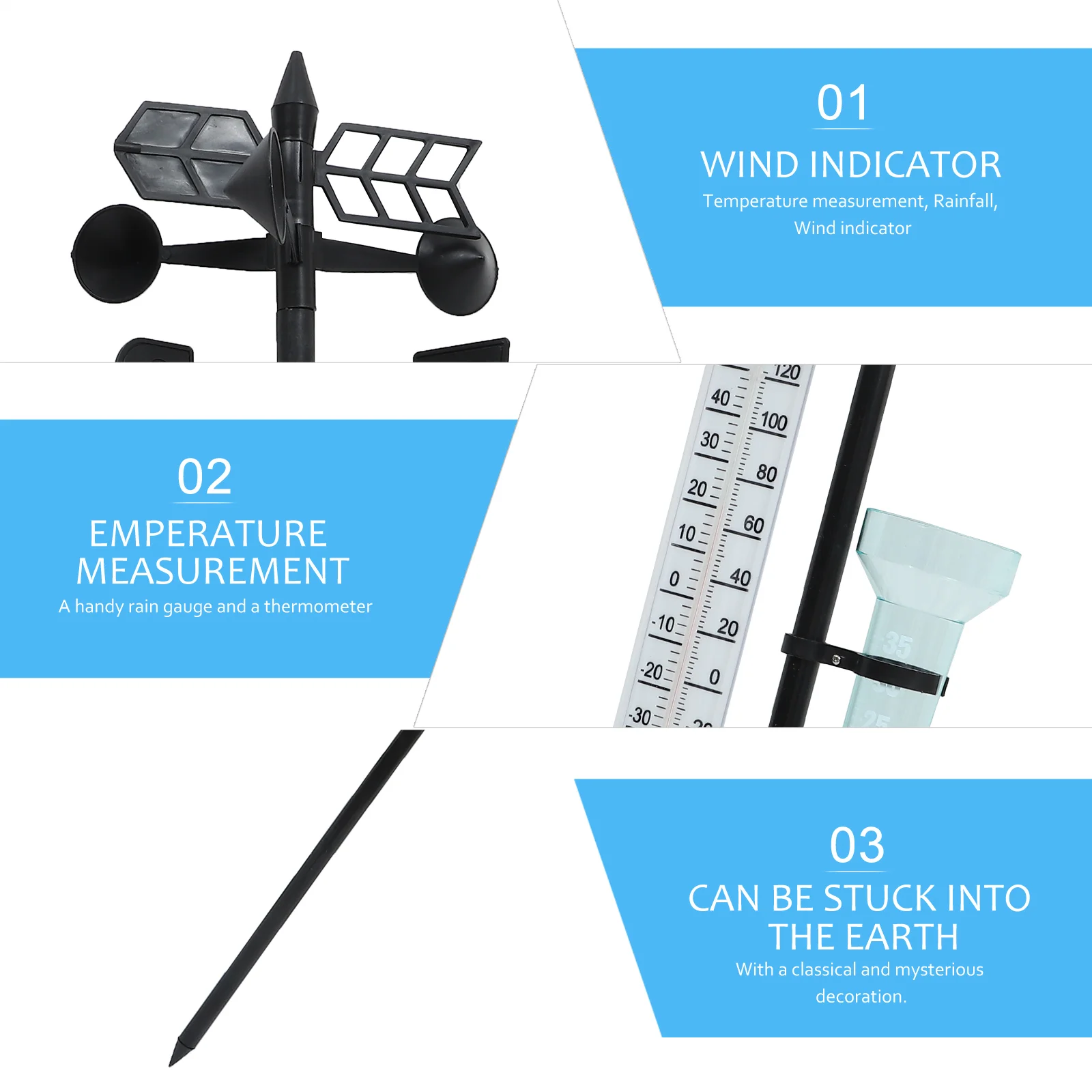 3 In Weather Station with Rain Gauge and Wind Speed Outdoor Stake Vane Thermometer Direction Multifunction