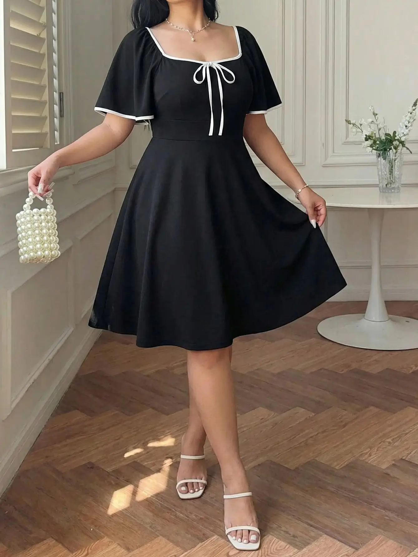 Plus Size Women Square Neck Contrast Trim A Line Mini Dress Bow Tie Flare Sleeve Dress Elegant Party Dress Casual Daily Outfit