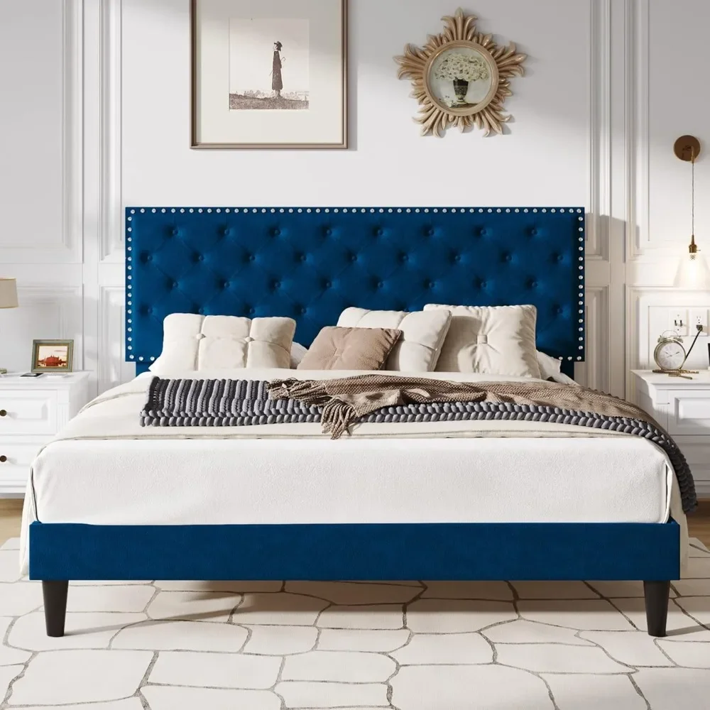 

King Size| Velvet Bed Frame with Adjustable Headboard, Diamond Button Tufted and Rivet Decor, No Box Spring Needed