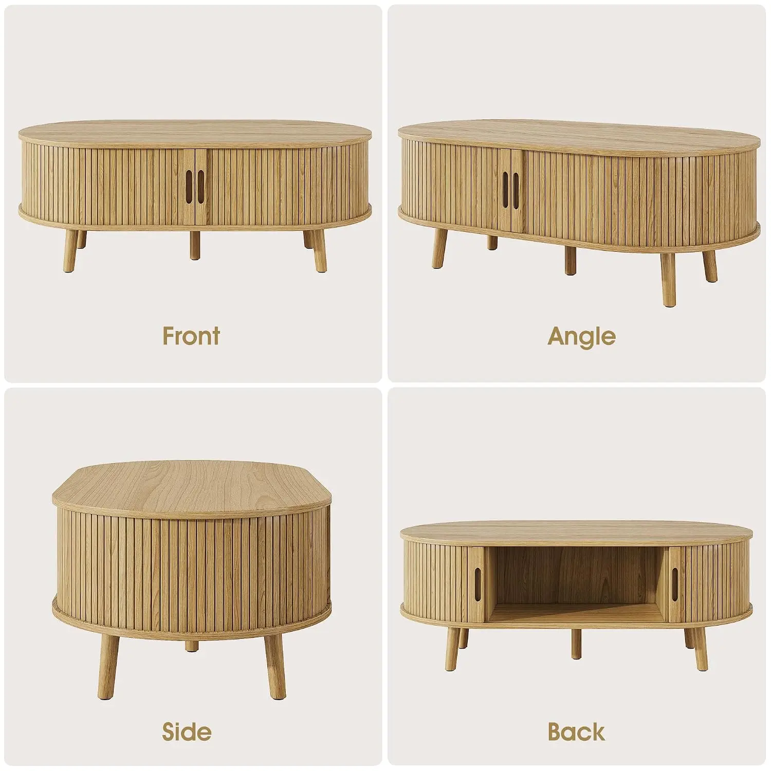 Oval Coffee Table with Tambour Door & Hidden Storage, Fluted Center Table for Living Room, Natural Oak, Customized