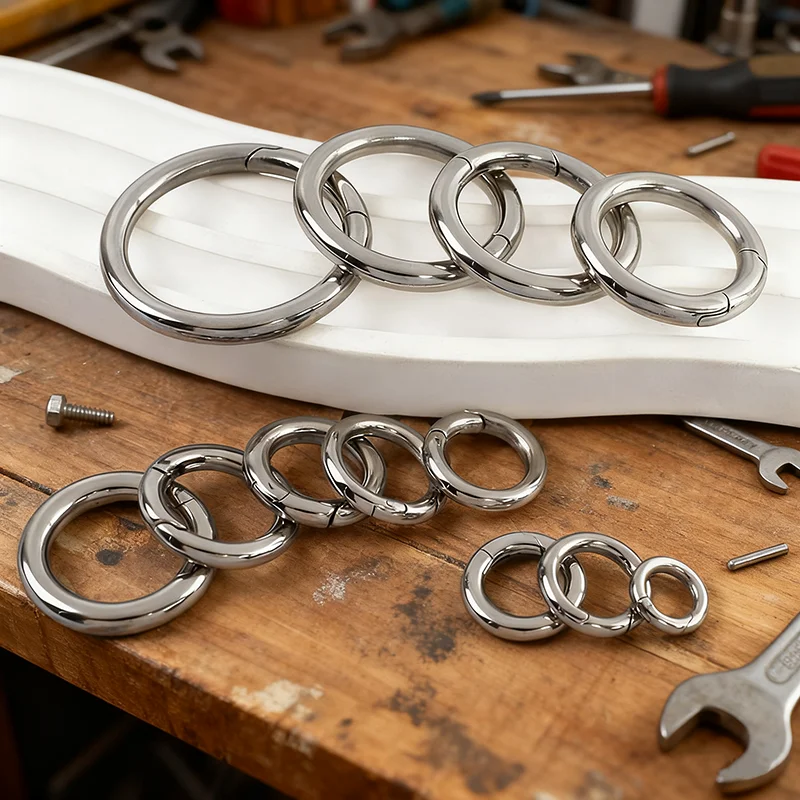 2/5/10/20P 10-35 مللي متر لفائف الربيع Carabiners المفاتيح الفضة يا خاتم الفولاذ المقاوم للصدأ أبازيم قابلة للفتح حلقة تسلق كليب المفاجئة حلقة هوك