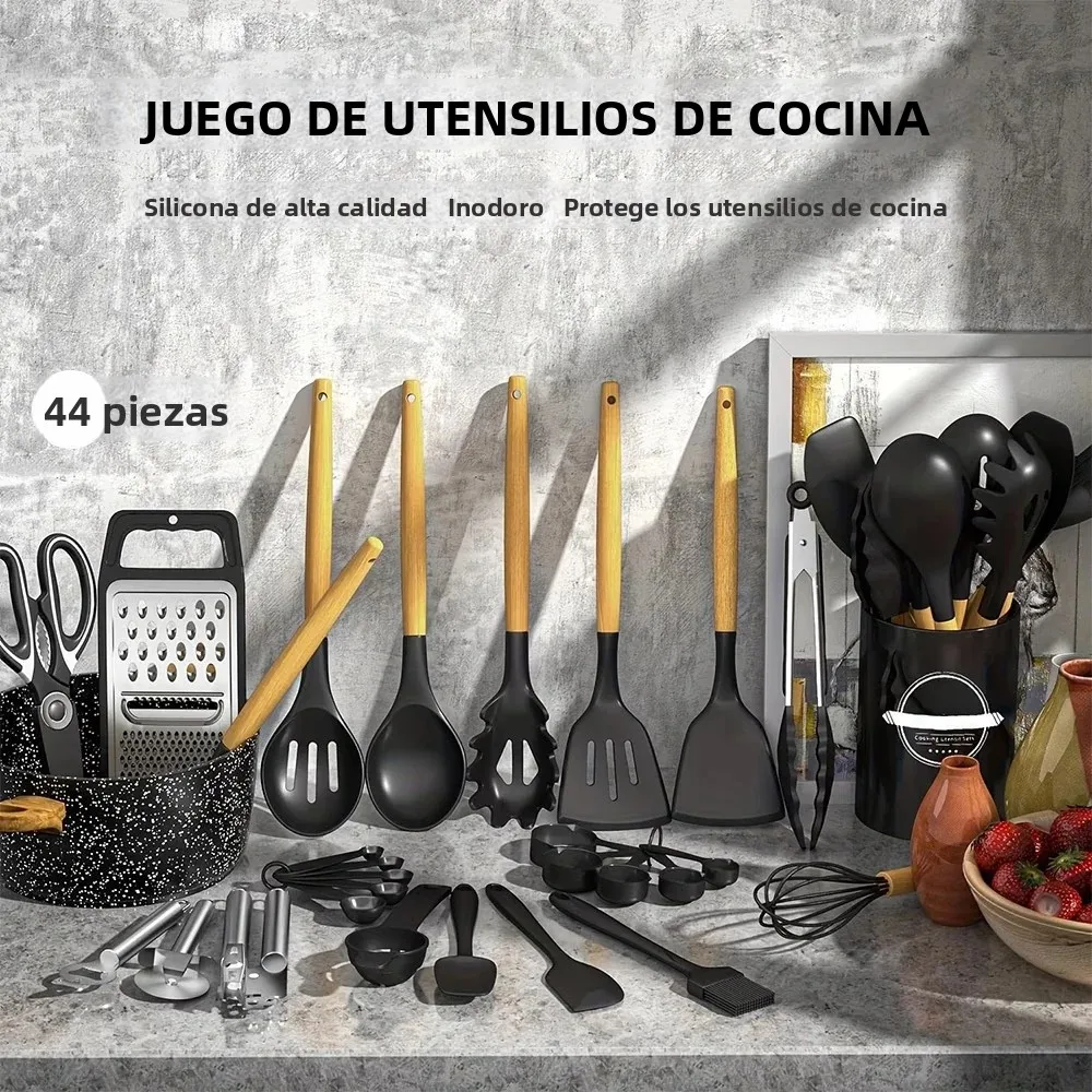 Juego de 44 utensilios de cocina de silicona resistentes al calor con soporte, cucharas, espátulas y utensilios de cocina antiadherentes, aptos para lavavajillas.