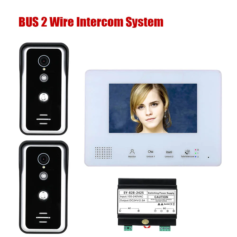 MAOTEWANG 7inch BUS 2 Wire Video Door Phone Intercom Systems For Home 2-Doorbell Camera 1-Monitor Night Vision 7inch LCD