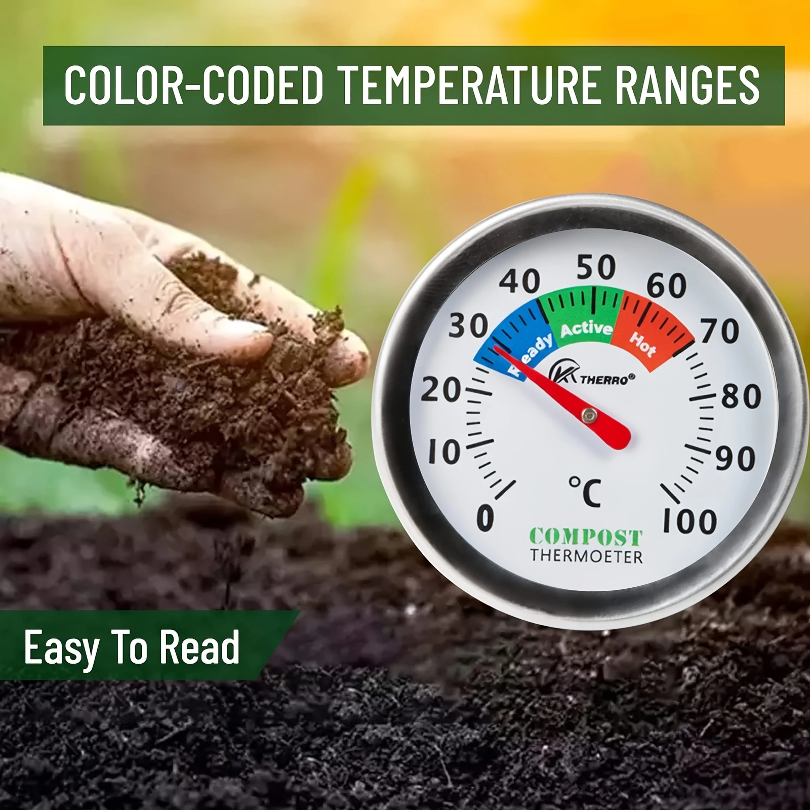 One Piece Long Probe Compost Thermometer, 0-100℃ Color-Coded Soil Temperature Gauge For Organic Composting And Gardening