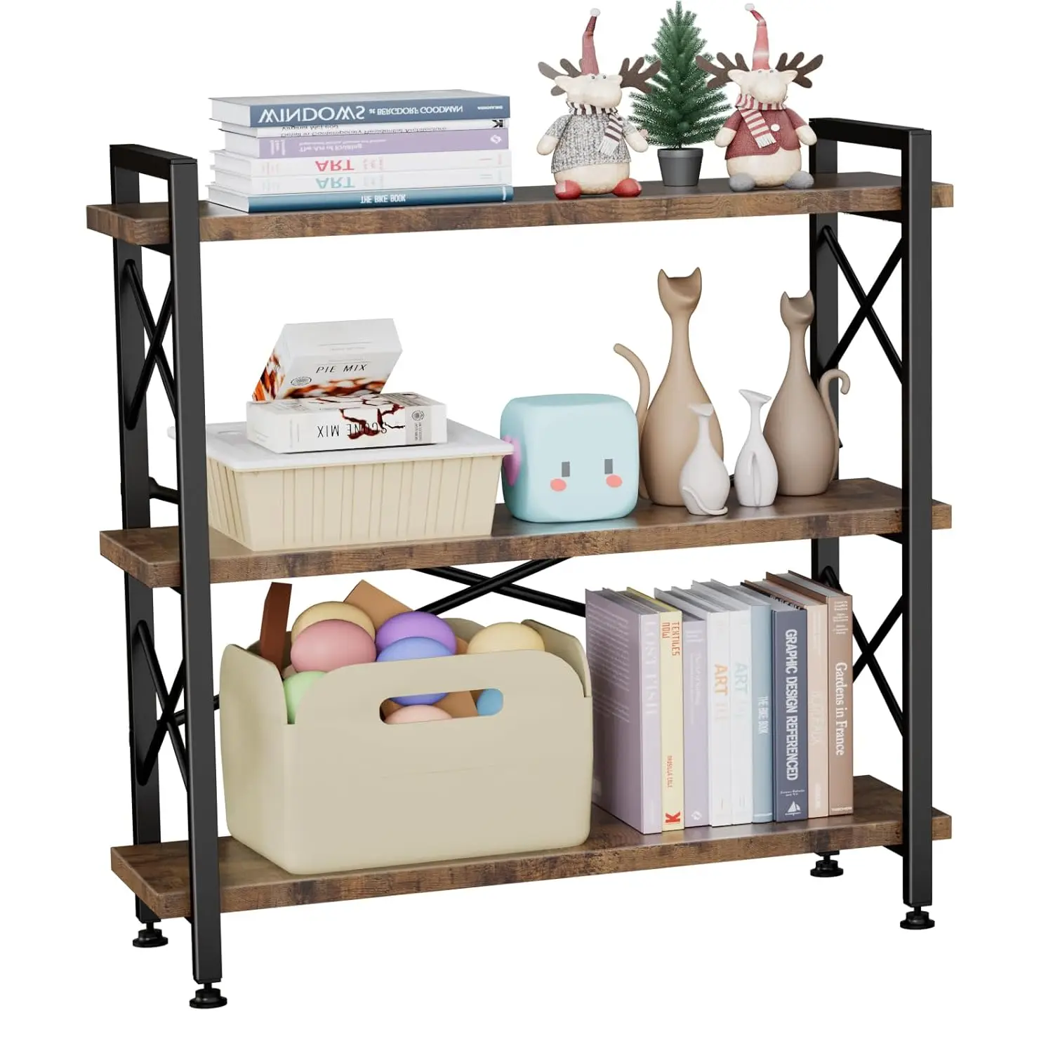 

3-х уровневая книжная полка шириной 35,43 дюйма, короткий книжный шкаф с 3 полками в деревенском стиле и металлическим каркасом, промышленная книжная полка для дома, по индивидуальному заказу