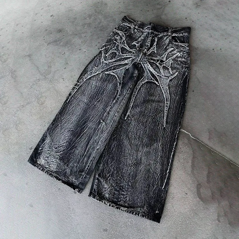 

Y2K Ретро большие мешковатые брюки унисекс для мытья полов Phantom Jeans Мужские джинсы High Street Spider с вышивкой нашивка Хип-хоп Уличная одежда Готика