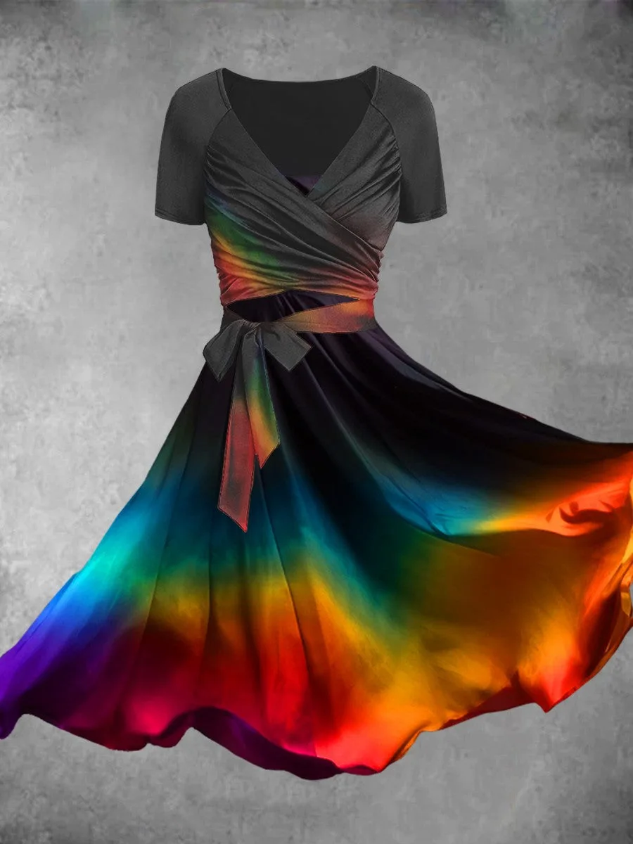 Popular Youthful Beautiful Busty Women Dresses Colorful 3D Short Sleeve Slim V-neck Long Dress Party Dress