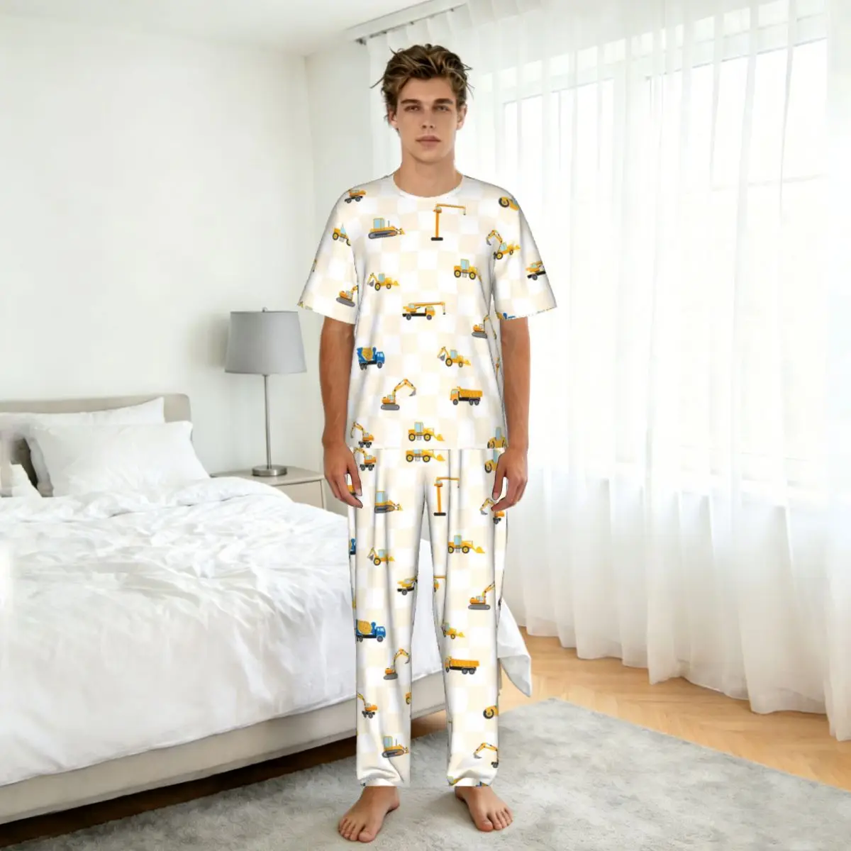 Men's short-sleeved pajamas two-piece trousers Cute Car Dump Truck home wear suit sleepwear view 5