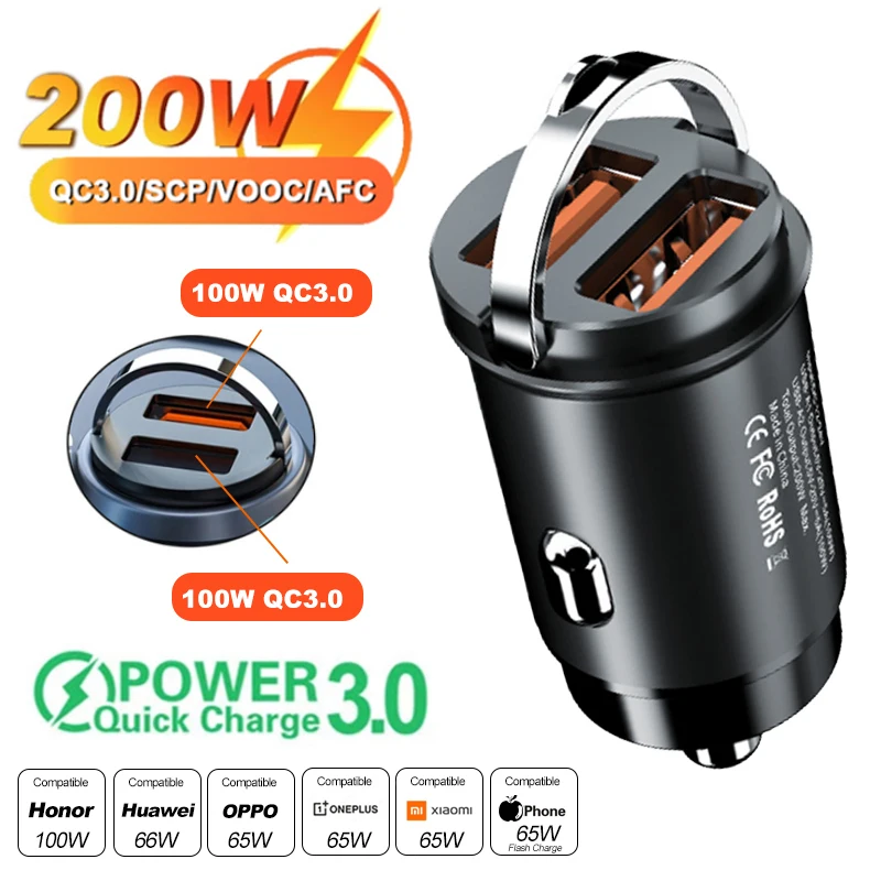 100W/200W Mini Car Charger Lighter Fast Charging for iPhone QC3.0 USB Type C Car Phone Charger Adapter for Xiaomi Samsung Huawei