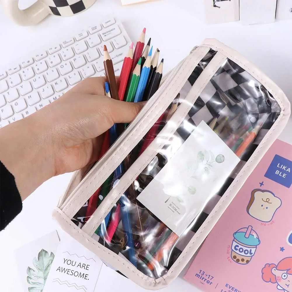 Transparent Checkerboard Pattern Pen Case PVC High Capacity Kids' Pencil Cases Waterproof Cassic style Lattice Pencil Bag