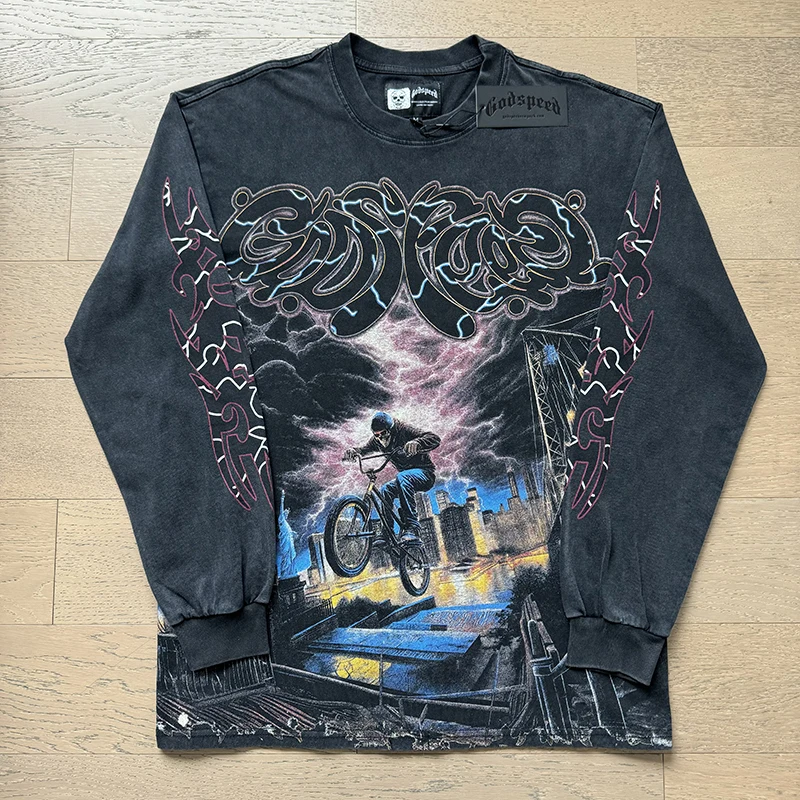 

Godspeed Long-sleeved Letter Skull Pattern Trendy Tops Men 2025 Autumn/winter Retro Street Hip-hop Style T-shirt