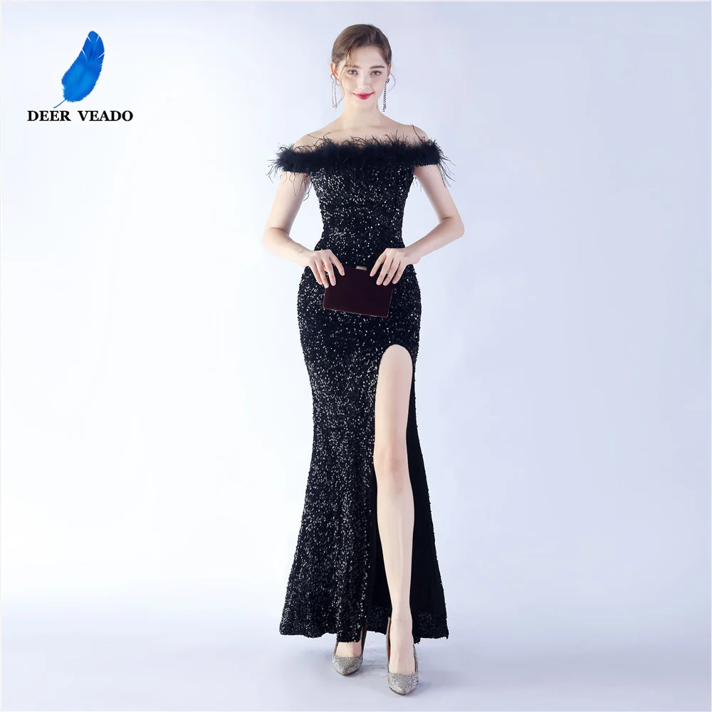 DEERVEADO Woman Off Shoulder Evening Party Dresses Long Elegant Prom Dresses with Feathers Sequins Formal Occasion Dress Gala