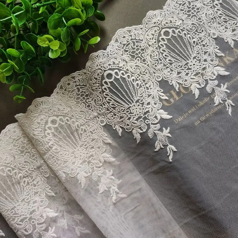 22CM Wide Luxury White Cotton Embroidered Fabric Fringe Lace Edge Trim Wedding Dress Collar Neckline Apparel DIY Sewing Decor