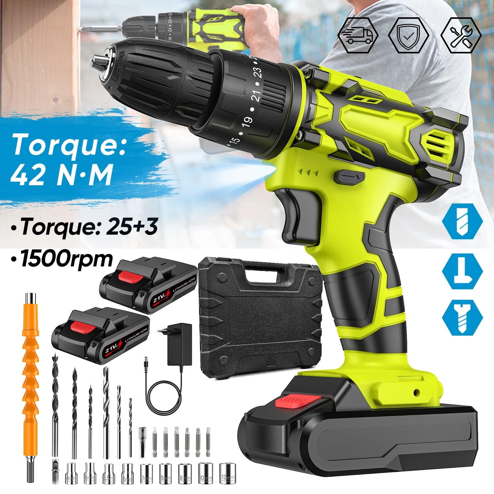 Taladro percutor eléctrico 3 en 1, 25+3 niveles de torque, 2 velocidades ajustables, destornillador eléctrico multifuncional, herramienta eléctrica para batería de 21V