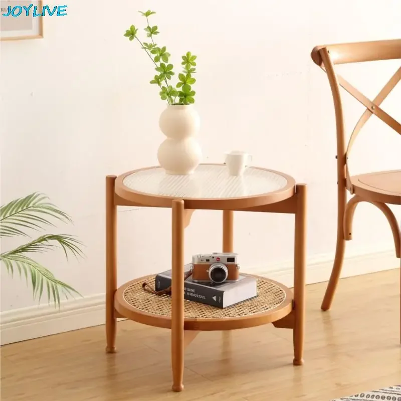 JOYLIVE Rattan Coffee Table Japanese Double Layer Detachable Solid Wood Table Glass Round Home Small Table 2022 New Dropshipping