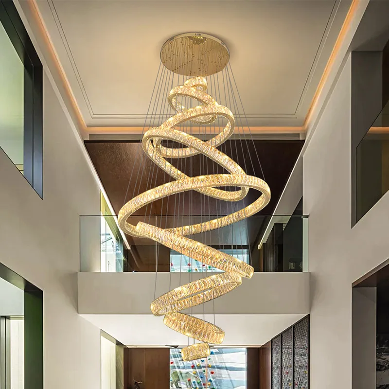 

Modern Led Pendant Lamp Hollow Circular Ring Crystal for For Living Banquet Hall Hotel Stair Chandelier Home Dimmable Luminaires