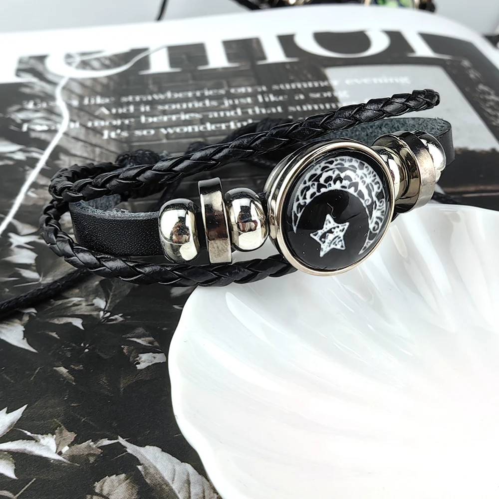 

Luminous Sun Moon Lover Bracelet for Men and Women Vintage Handmade Multi Layer Class Cabochon Leather Bracelet Gift Jewelry