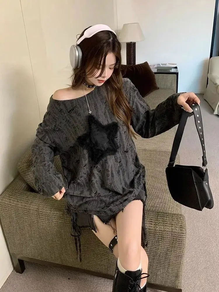 الأمريكية الرجعية طويلة الأكمام تي شيرت مائل الرقبة المرأة عادية StarPrint تيز ثقافة فرعية الهيب هوب الخريف Y2K اليابانية خمر القمم #5