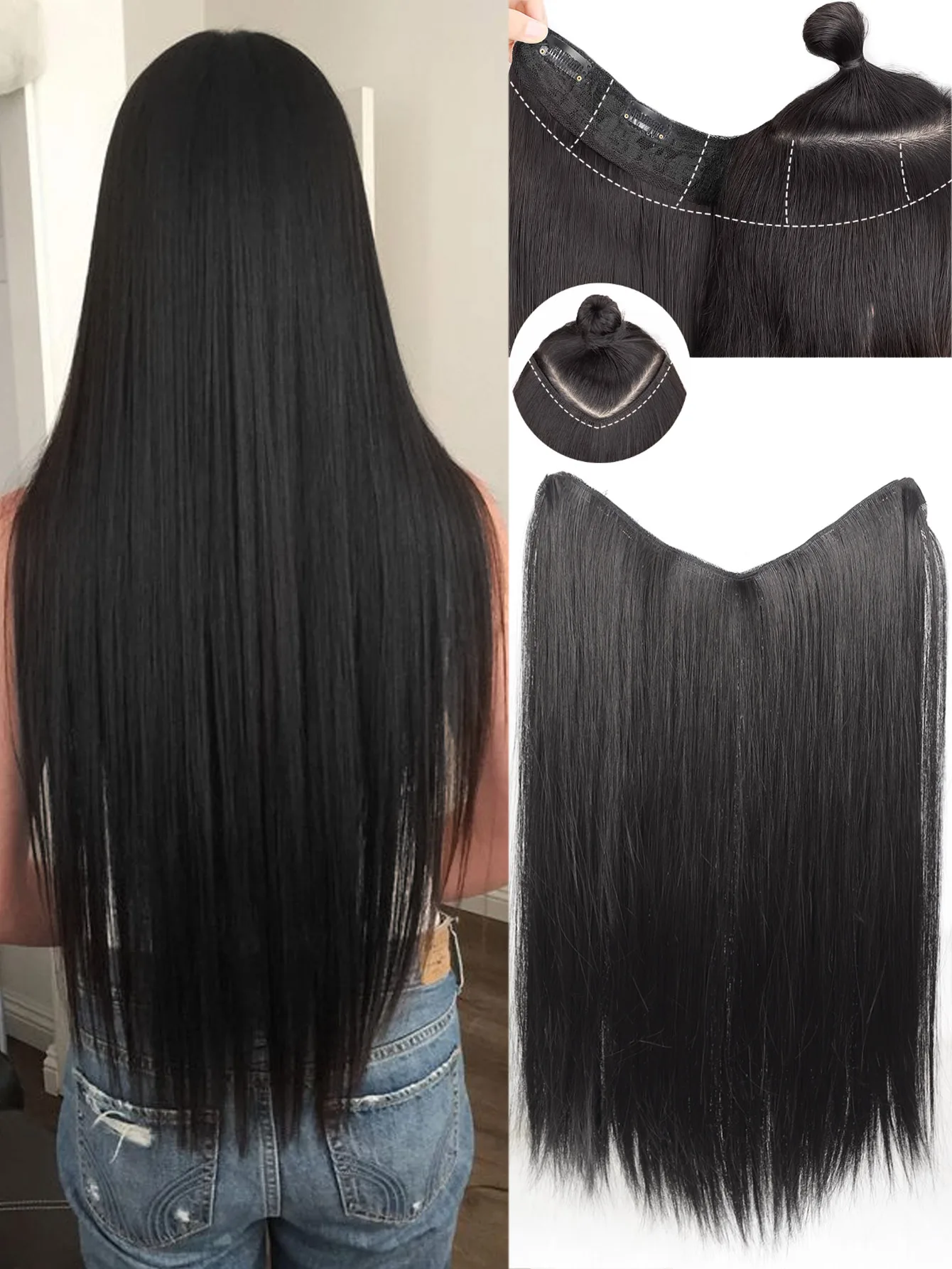 Synthetic 4 Clip In Hair Extensions V-shaped Long Straight Hairstyle Hairpiece Black Brown Blonde Natural Fake Hair For Women