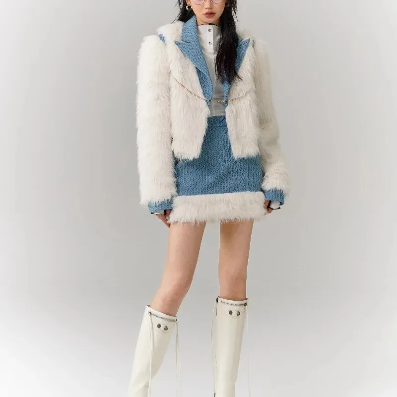 Women Color Block Faux Fur Two Piece Set Lapel Cropped Coat Mini Skirt Fashion Winter Outfit