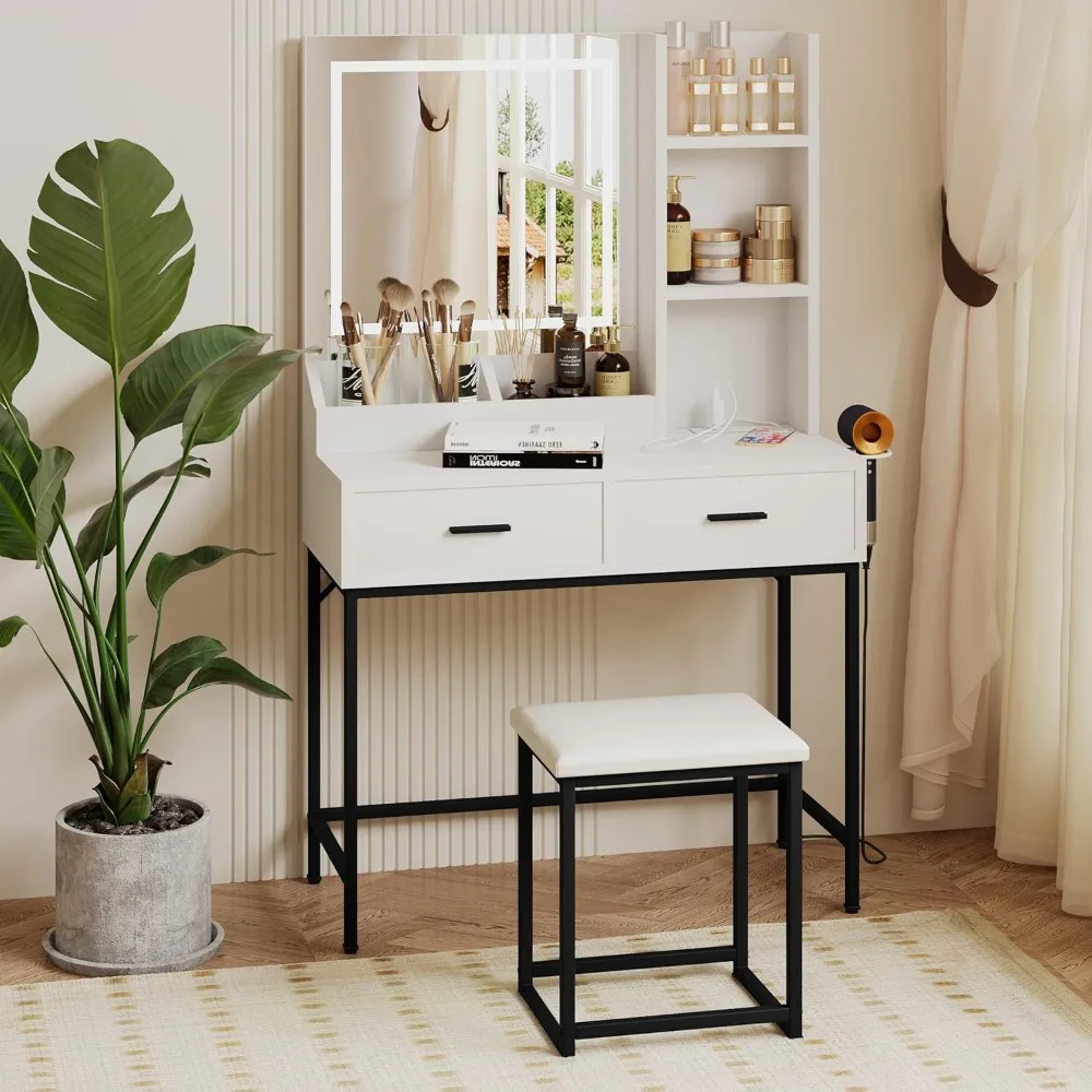 

Vanity Desk White Vanity Table with Light Mirror Small Corner Wood Makeup Vanity with Stool Modern Dressing Table for Bed