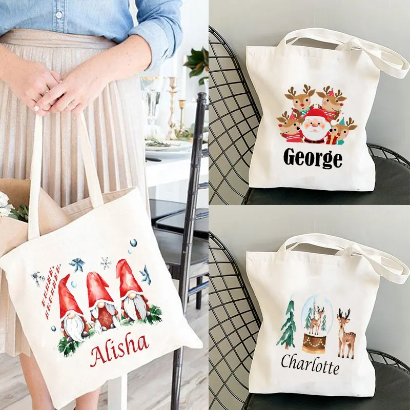 Name Customization Merry Christmas Present  Friendly Reusable Carrying Canvas Shoulder Bag Shopping Tote Bags Eco Cloth Handbags