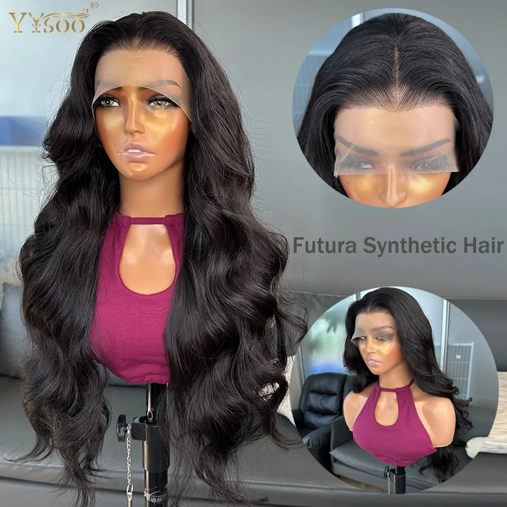 

Middle Part 2# Black Long Heat Resistant Fiber Wavy Wig Pre Plucked Hairline 13x4 Glueless Futura Synthetic Hair Lace Front Wig