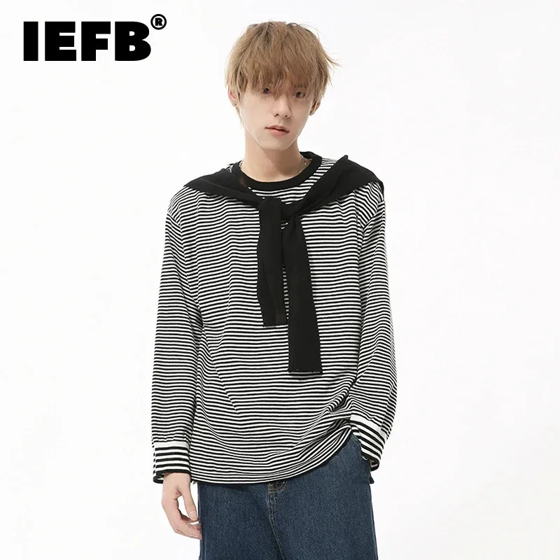 IEFB New Fashion Men's T-shirts Round Collar Striped Scarf Fake Two-piece Loose Top Long Sleeve Casual Pullover Male Tees 9C8672