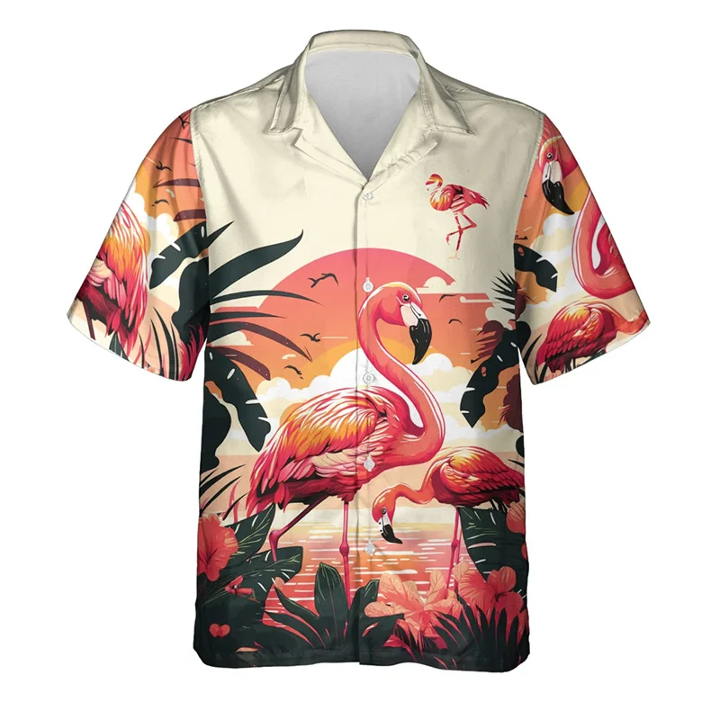 Hip Hop Hawaiian Flamingo 3D Printed Beach Shirt Aloha Animals Women's Short sleeved Fashion Button Top Y2k