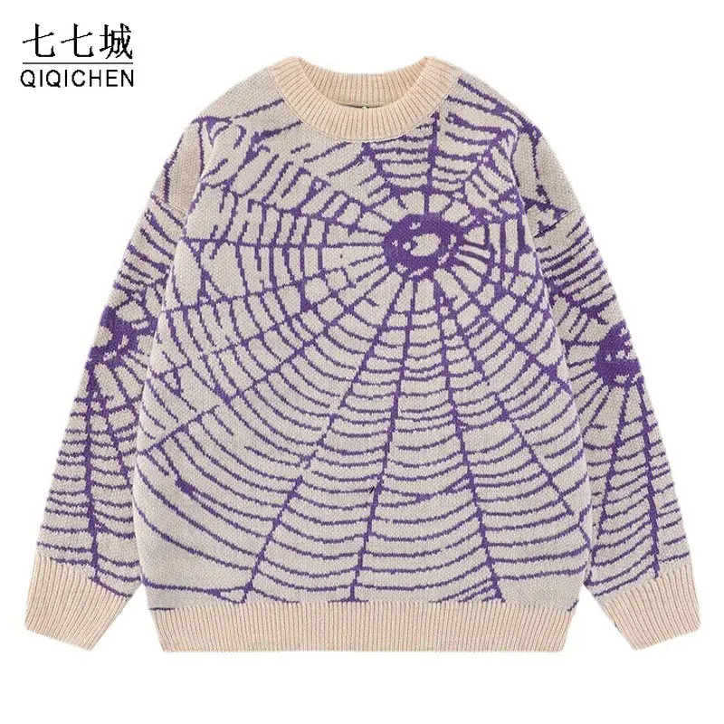 

Mens Spider Web Knitted Sweaters Unisex Street Harajuku Wool Jumper Unisex Y2k Hip Hop Retro Casual College Pullover Autumn New