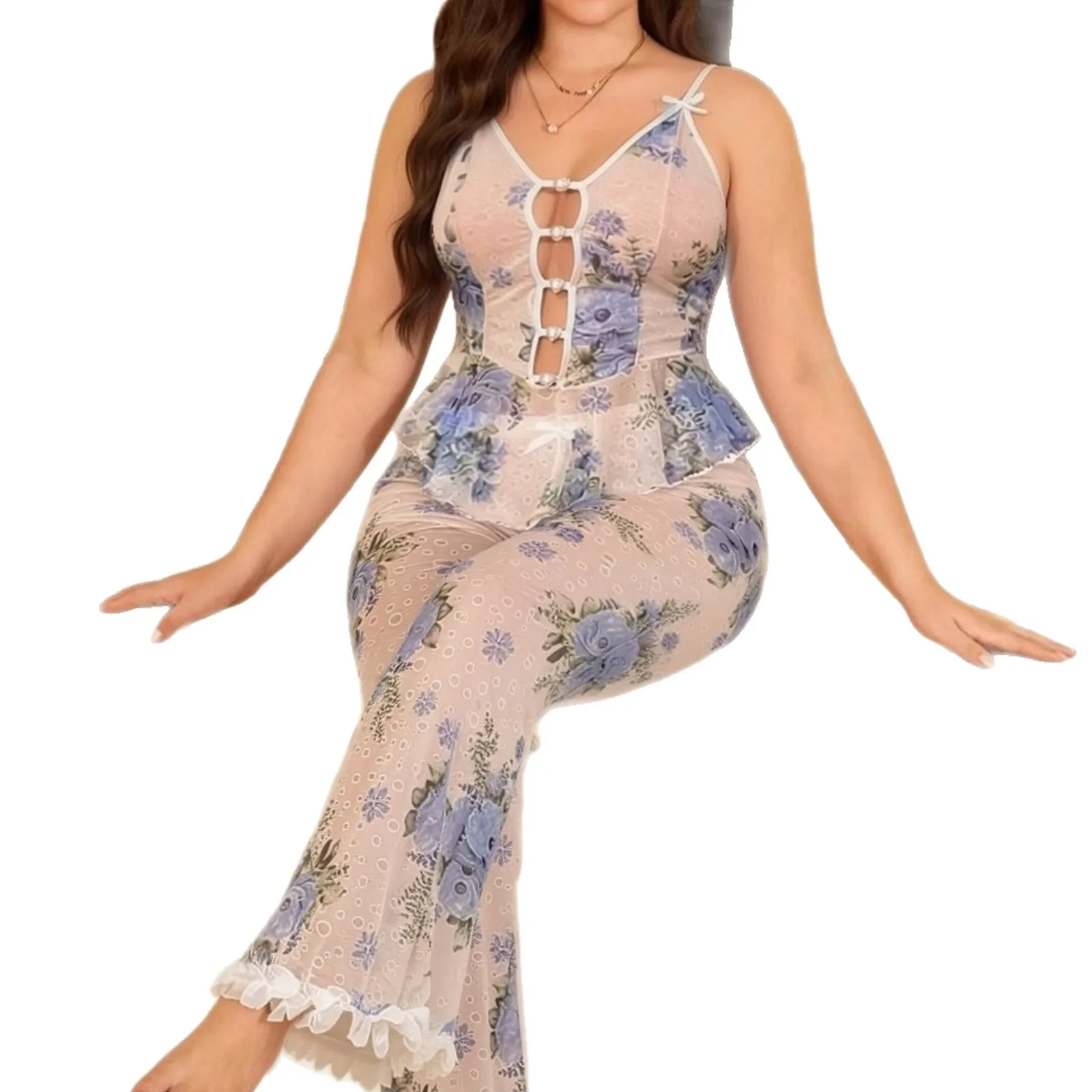 Women Blue Floral Mesh Sleepwear Set Spaghetti Strap Cutout Top Flared Bell Bottom Pants Sheer See Through Two Piece Suit OF46