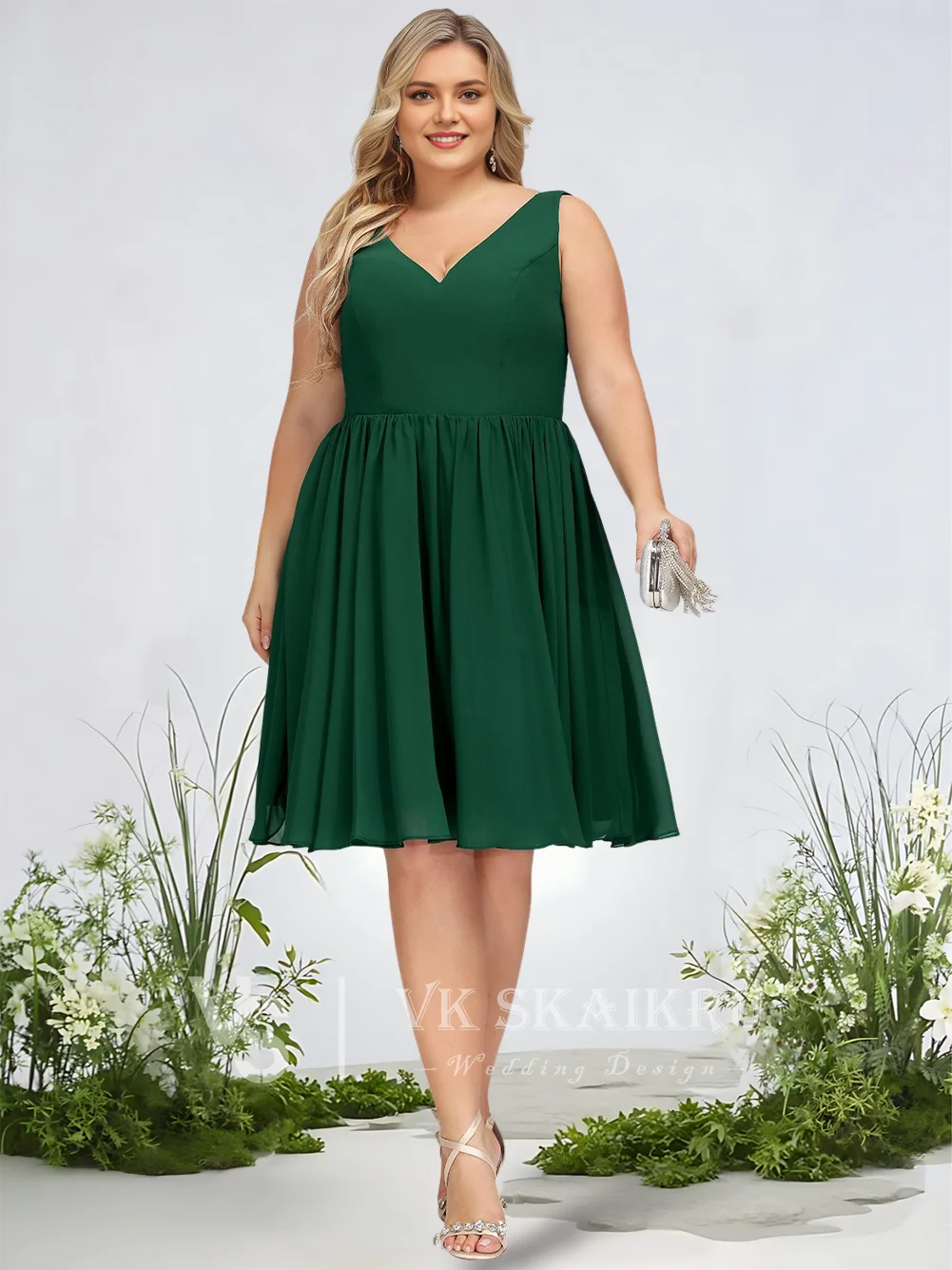 

A A-Line V-Neck Knee-Length Chiffon Cocktail Dresses Sleeveless Prom Graduation Wedding Party Evening Dress With Back Zip