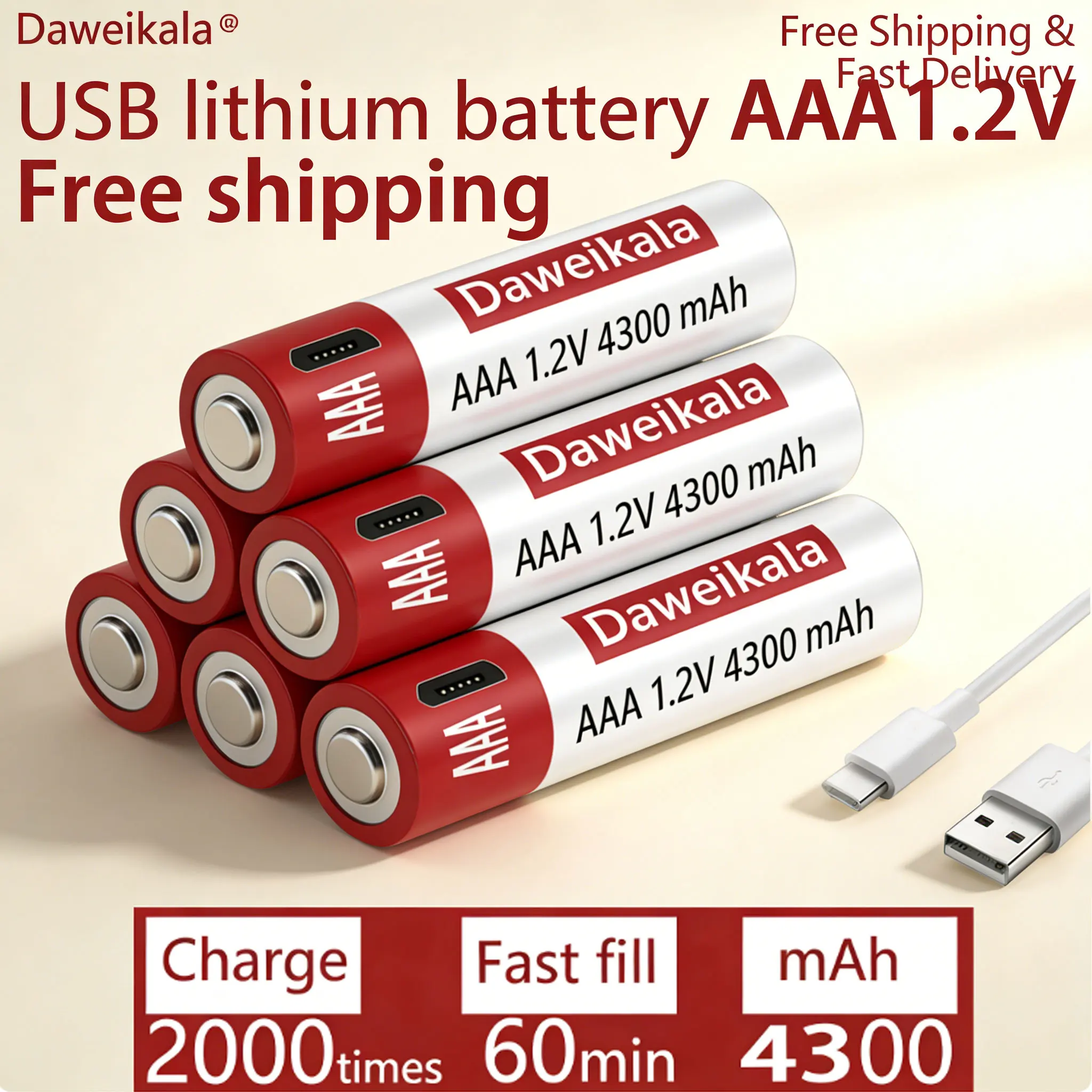 

Free Charger USB Rechargeable Battery 1.5V AAA 4300mAh Lithium Ion For Remote Control Mouse PS4 Console With Cable