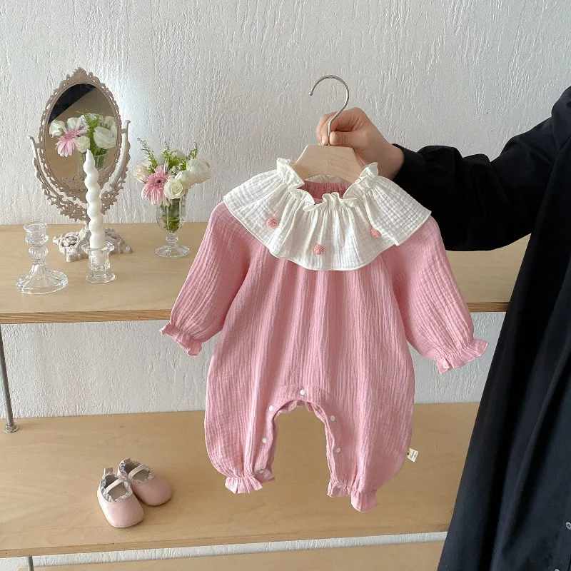 

Pink Baby Girl Romper Infant Designer Autumn Sweet Cute Long-sleeve Outdoor Jumpsuits Gauze Kids Costume