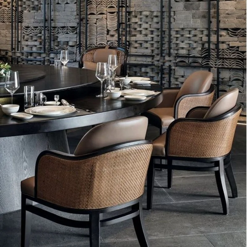New Chinese-style solid wood rattan leather art dining chair hotel meeting chair cafe home simplicity