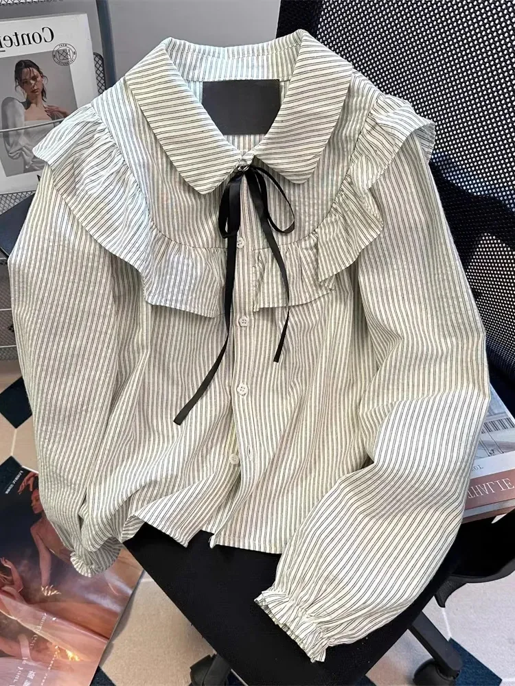 Süße Rüschen-Bluse mit Streifen für Damen, Schleife und Schnürung, Langarm, Niedliche Frühlings-Bluse im Preppy-Stil, Japanischer Kawaii-Look, Locker Sitzende Vintage-Oberteile