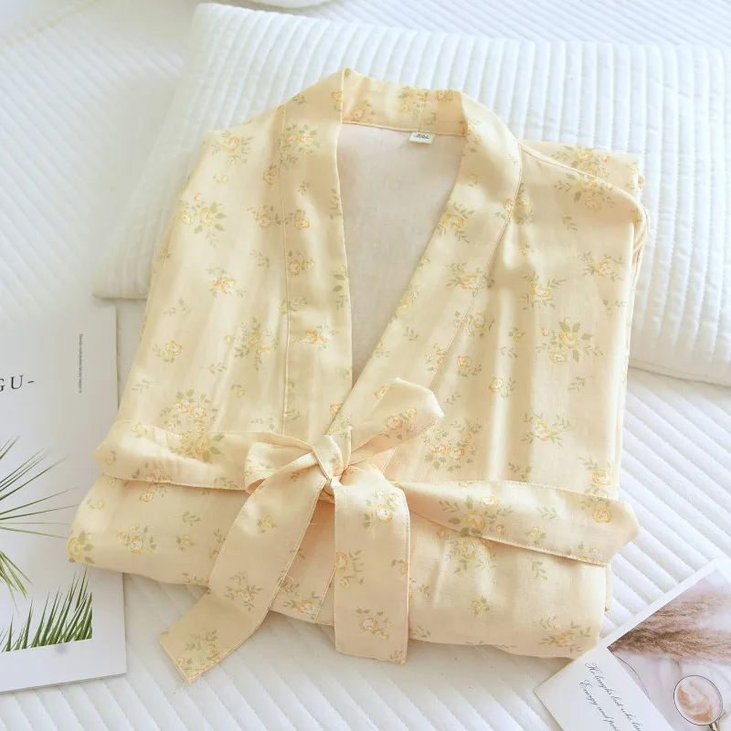 Breezy Cotton Gauze Japanese Style Kimono Robe for Women, Lightweight Summer Bathrobe, Soft Floral Print Loungewear 4