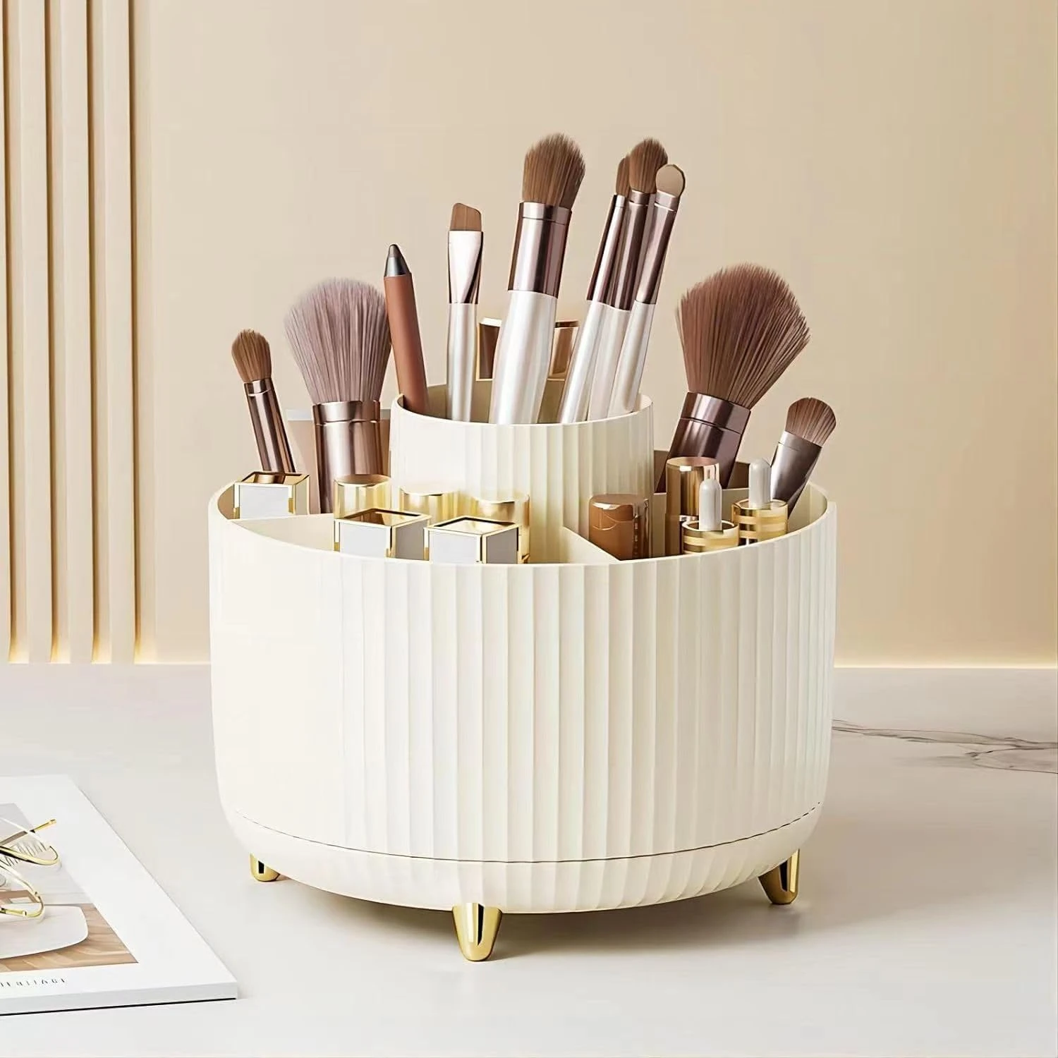 Transform Your Makeup Routine with a Stylish and Practical Ivory Beauty Organizer that Rotates. See the Difference in Convenienc