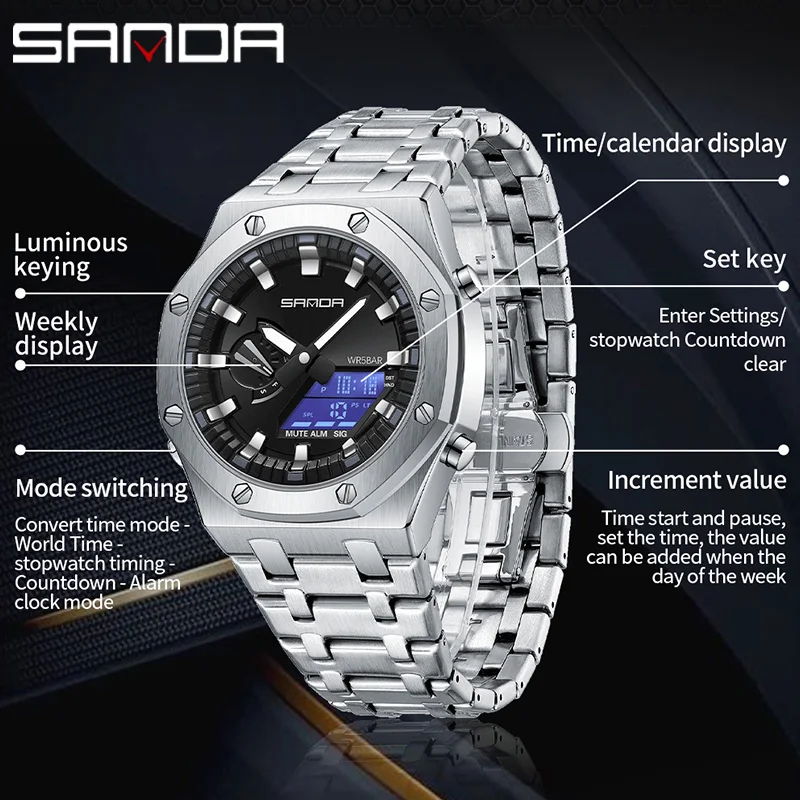 SANDA G style Outdoor Men Digital Watch Top Original Movement LED Display Wristwatch Waterproof Mens Quartz Clock reloj hombre