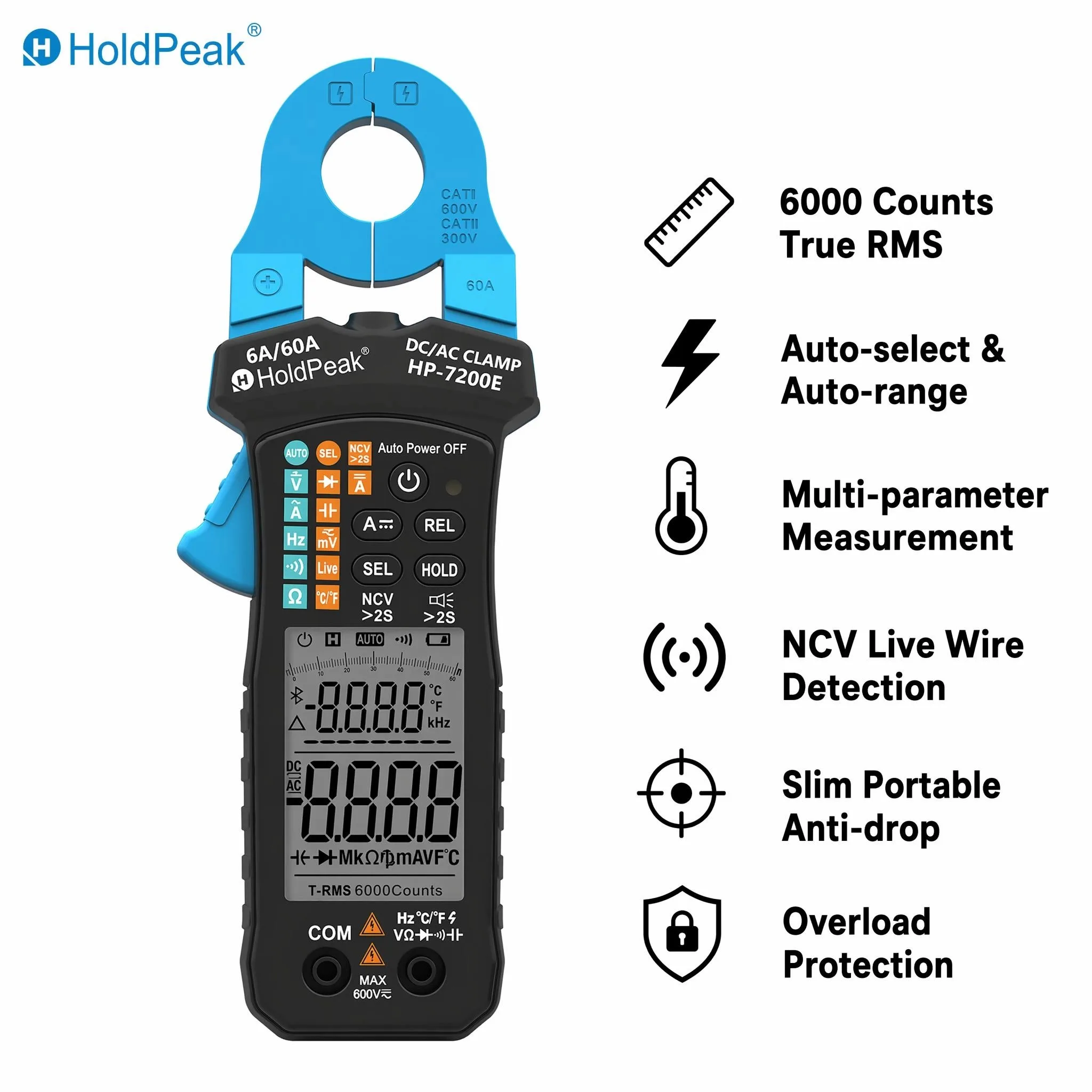 HoldPeak True RMS Clamp Meter 6000 Counts 60A AC/DC NCV 90-1000V Live Wire -20~1000℃ Temp CAT II 600V for Electrician HVAC