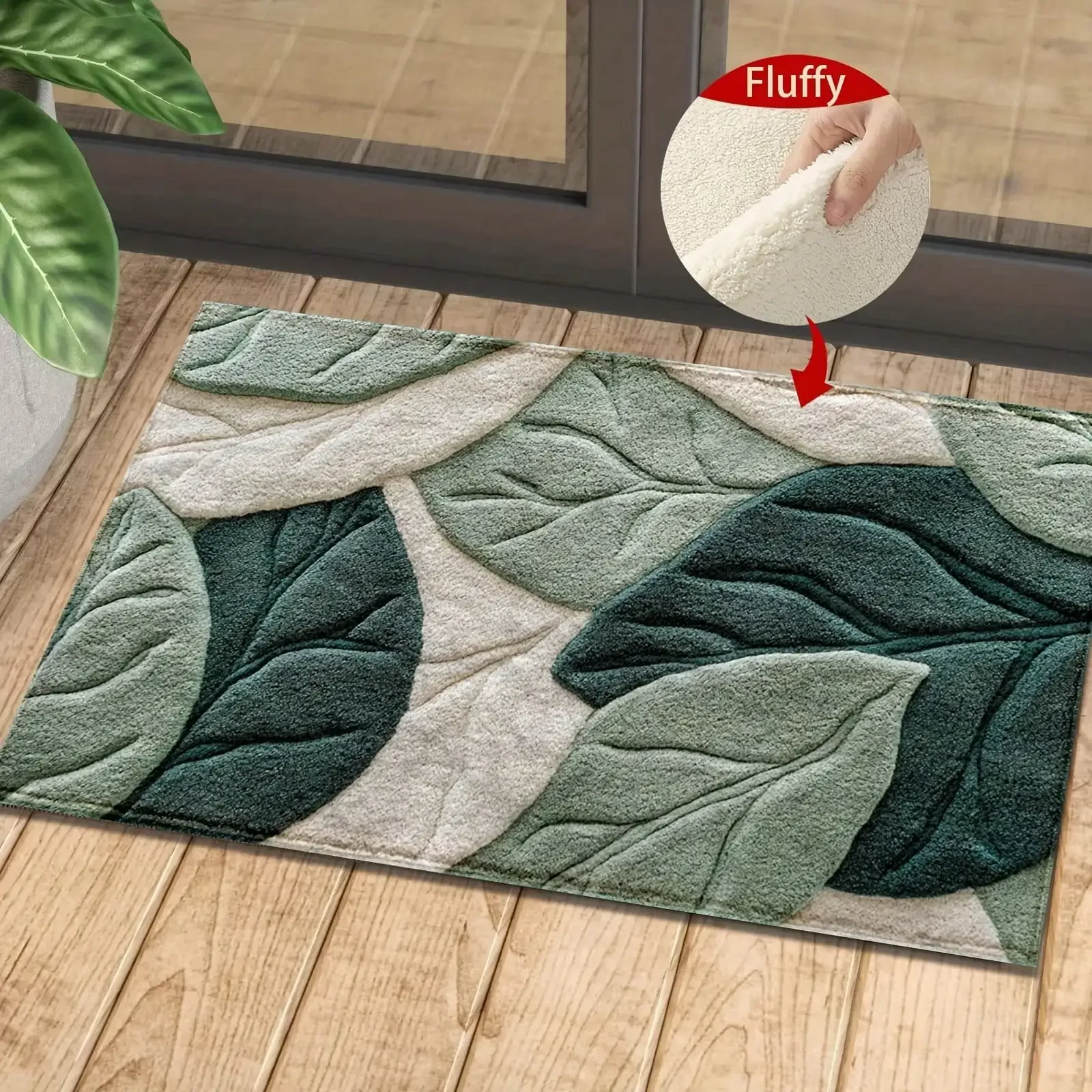VIKAMA Fresh Green Leaf Eingangsteppich, weicher und rutschfester Eingangsteppich für den Innen- und Außenbereich, Badezimmer-Bodenmatte, Heimdekoration