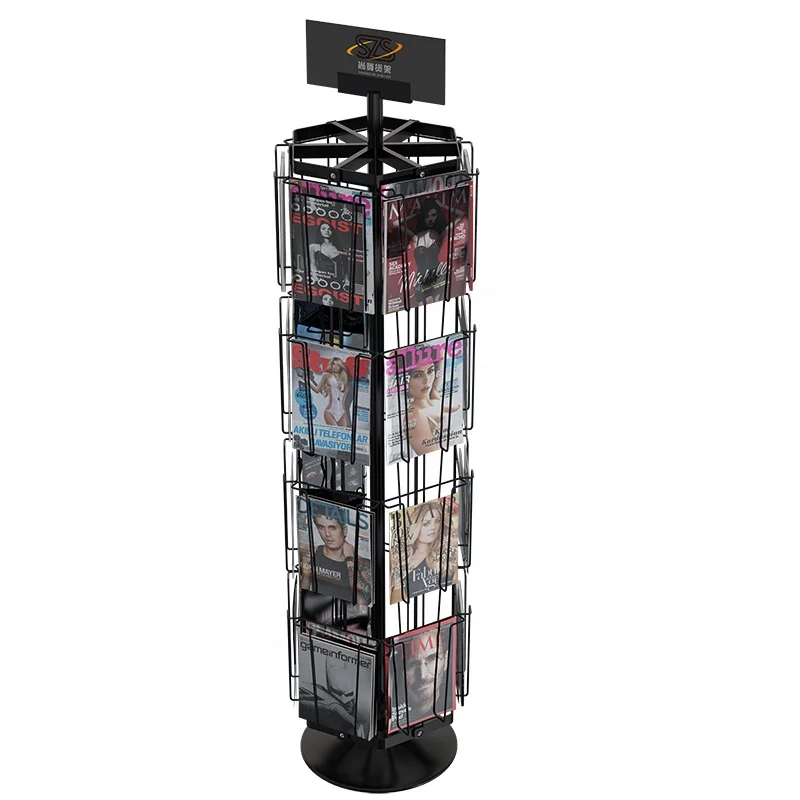 

custom.Floor Used Metal Rotating Magazine Display Rack with Graphic Branding with 24 Holders Catalog Literature Holder Display S