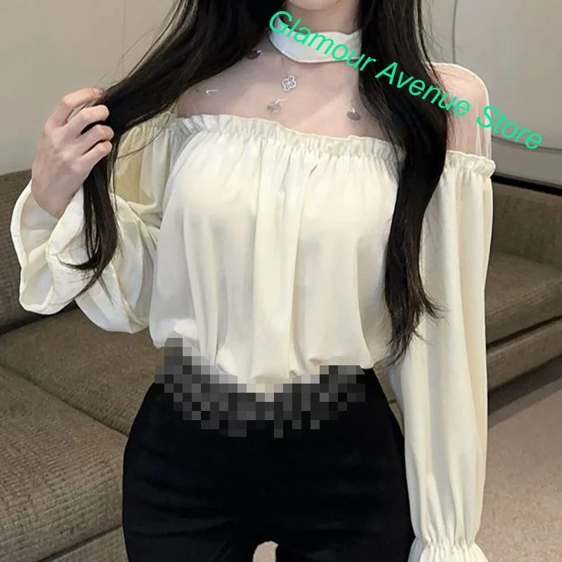 French black temperament Joker sequined velvet blouse mesh shirt women spring and autumn stitching loose round neck casual shirt