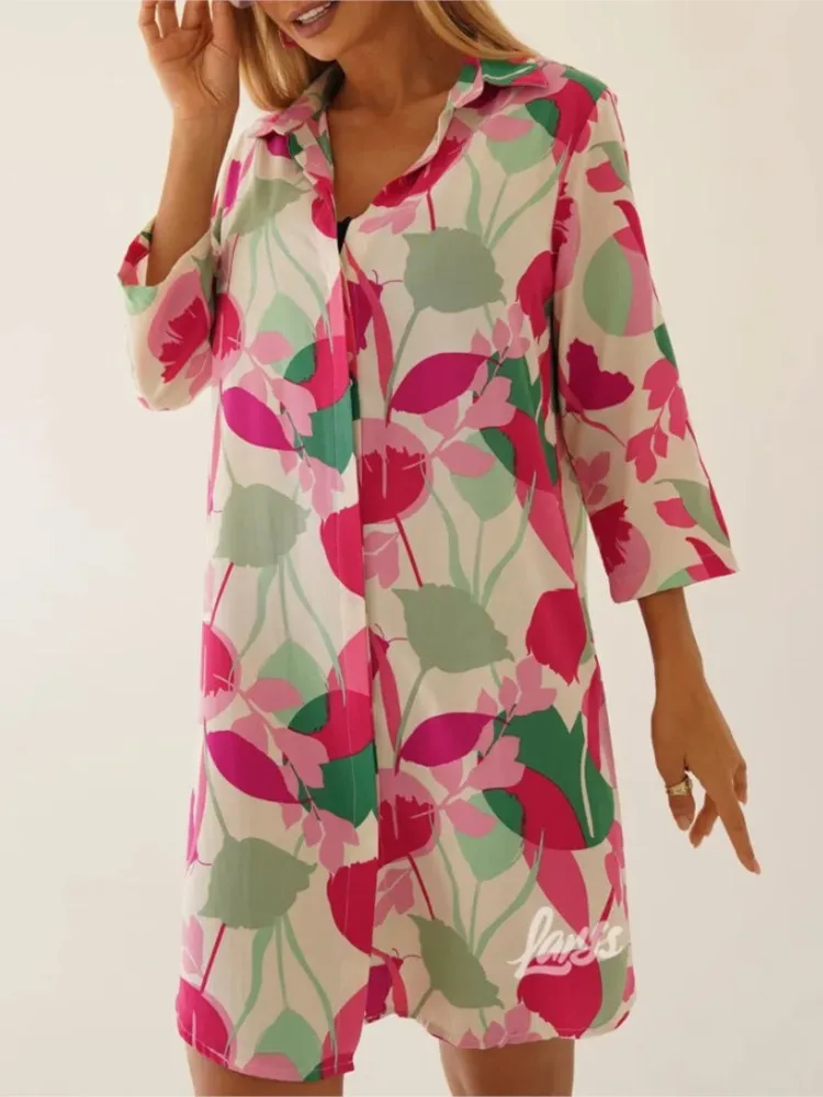 Robe chemise de station décontractée, Style tendance, mode, imprimé, boutons à revers, Cardigan, ample, manches trois quarts, printemps été 2026