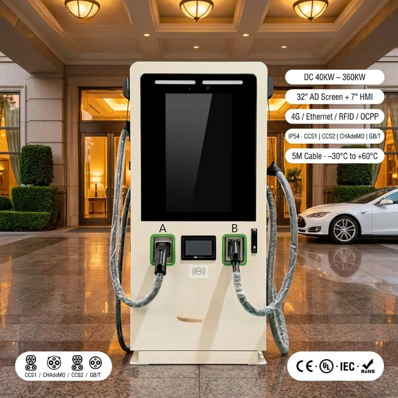 Customized 60KW 120KW 320KW Digital Signage DC EV Charger Double Front CCS1 CCS2 CHADEMO GBT OCPP 1.6J 4G RFID IP54 7 Inch HMI S