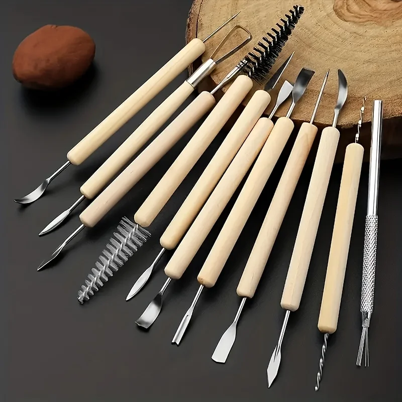 11-Piece Ceramic Clay Modeling Tool Set, Smooth Wooden Handles, Professional Ceramic Clay Modeling Tools