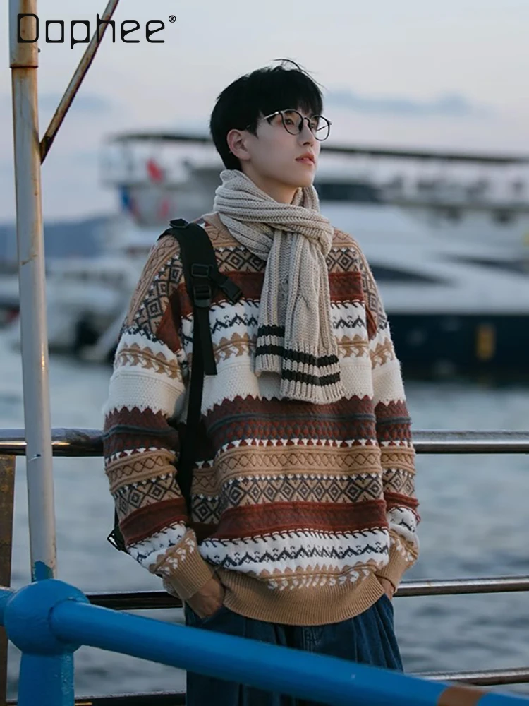 

Осень-зима 2022, новый японский ретро-стиль, высококачественный утолщенный мужской свободный повседневный коричневый вязаный свитер с круглым вырезом